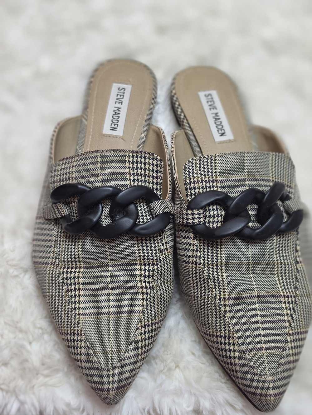 Steve Madden Women’s Plaid Chain-Accent Pointed Mules in Beige